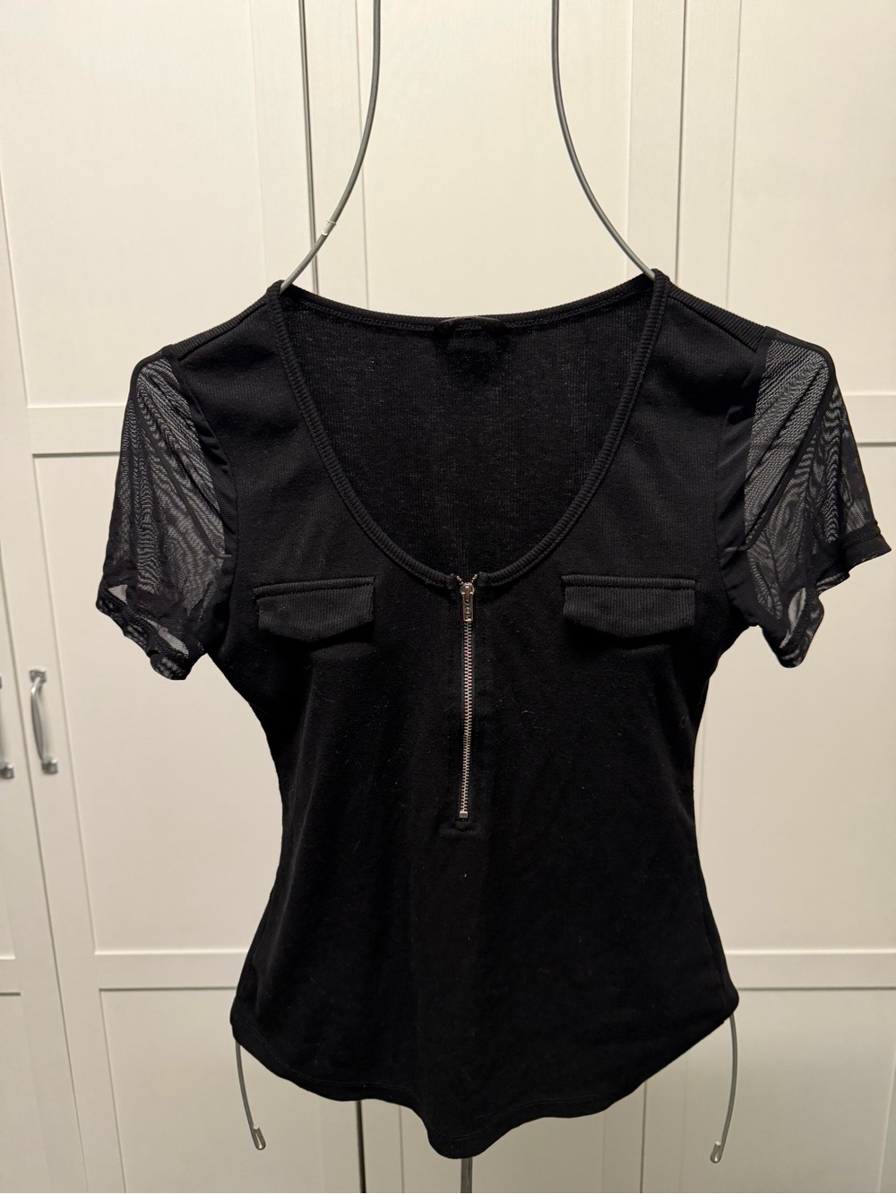 SHEIN Black Short Sleeve Zip Front Top with Sheer Mesh Sleeves